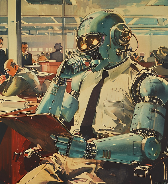 Illustrated data generation bot at a desk