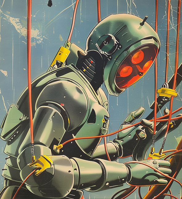 Illustrated automation robot working with tools