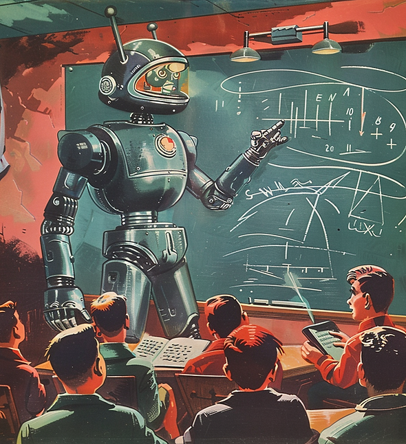 Illustrated AI assistant in a retro office setting